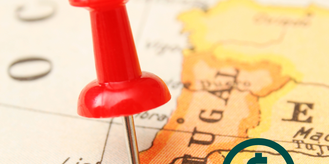 Imagem ilustrando um mapa de Portugal e um símbolo de cifrão no canto