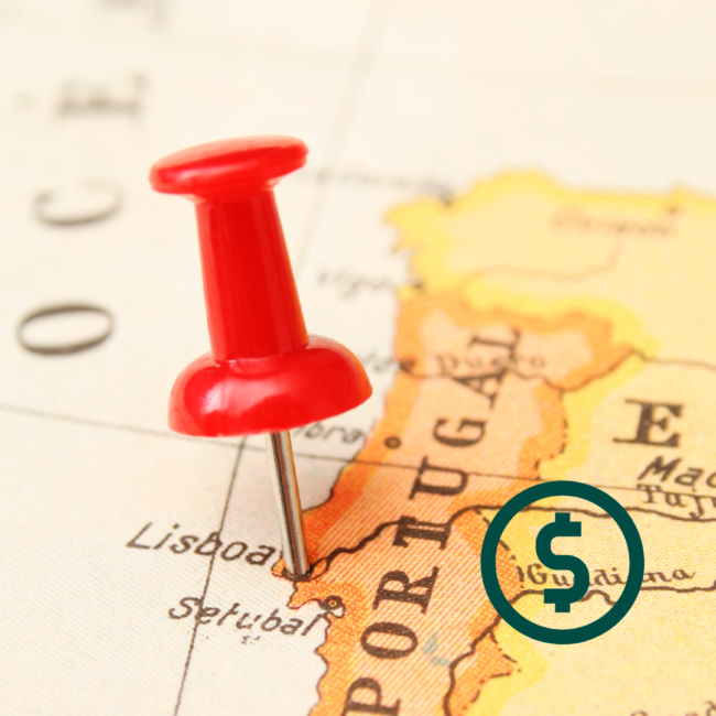 Imagem ilustrando um mapa de Portugal e um símbolo de cifrão no canto